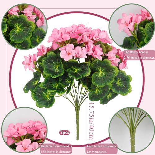 2 Pcs Artificial Geraniums for Outdoor Silk Geranium Flowers Pink Artificial Geranium Bush Faux Flowers Geraniums Branch for Garden Patio Grave Cemetary Vase Table Centerpiece Indoor Decor - color: Pink 1