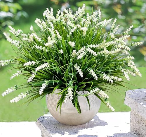 Artificial Faux Plants Flowers for Outdoor Decorations,Faux Plastic Fake Monkey Grass Greenery for Spring Summer UV Resistant Realistic Artificial Shrubs for Courtyard Window Garden(B-White, 12 PCS) - color: B-white