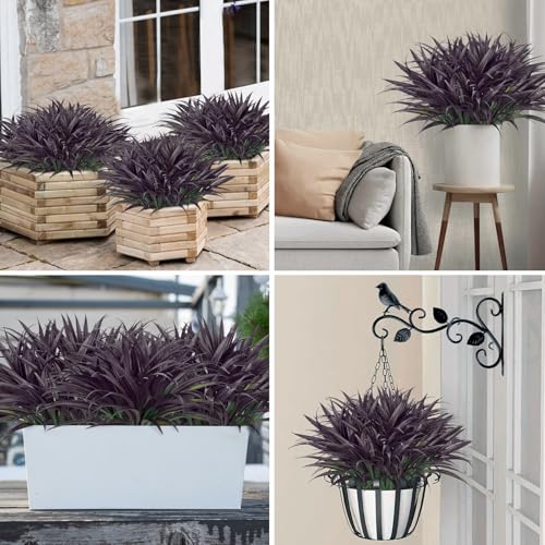 Ouddy Decor 20 Pcs Fake Outdoor Plants Artificial Grass Greenery Stems Faux Plastic Plants UV Resistant for Spring Summer Indoor Outside Garden Hanging Porch Patio Window Box Home Decor, Black Purple - color: Deep Purple