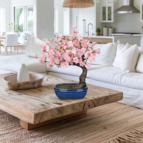 Artificial Cherry Blossom Bonsai Tree in Kiln-Glazed Ceramic Pot, Fake Sakura Flower Desktop Bonsai Plant, Real Touch Silk Cherry Flowers with Twisted Trunk for Home Office Table Zen Japanese Décor