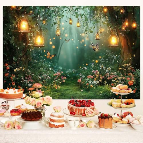 Spring Enchanted Forest Backdrop, Fairy Tale Wonderland Garden Backdrops for Photoshoot, Mushroom Butterfly Woodland Fairy Tea Party Decorations Photo Booth Studio Props Backdrops 7X5FT - color: Green, size: 7X5FT
