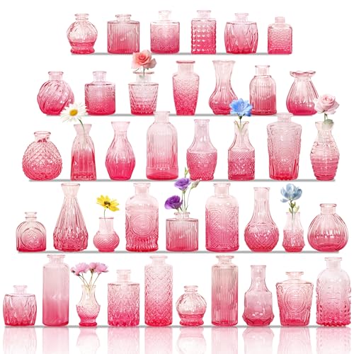 Set of 40 Glass Bud Vases, Small Pink Glass Vases in Bulk, Mini Vintage Embossed Flower Vase for Wedding, Centerpieces, Birthday Party, Baby Shower, Home Table Decorations (Pink) - color: Pink