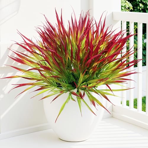 Uieke 12 Bundles Artificial Outdoor Plants UV Resistant Fake Grass Plants Faux Plastic Plants Greenery Shrubs for Home Garden Pathway Window Box Front Porch Spring Summer Decor, Deep Red - color: Light Green & Red, size: 12