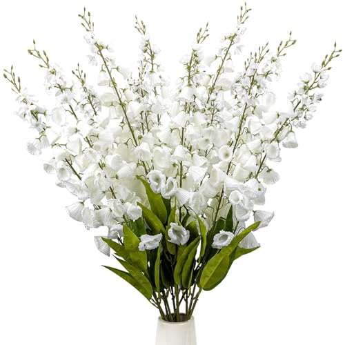 6 Pcs 37.5inch Lily of The Valley, Artificial Faux White Lily of The Valley Flowers Wind Chime Orchid Wedding Bouquet Flower for Home Garden Wedding Party Decor