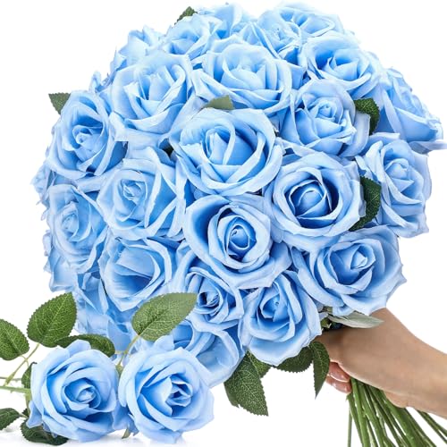 Thiccywoov 30 Pcs Rose Artificial Flowers in Bulk Lifelike Long Stem Silk Roses Bouquets Realistic Faux Flowers for Wedding Bridal Shower Home Decor Floral Arrangements Table Centerpiece(Light Blue) - color: Light Blue