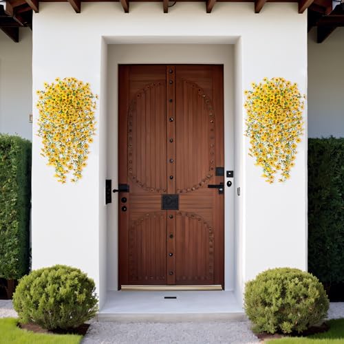Ammyoo Artificial Hanging Flowers for Outdoors Faux Plants Decoration, 2 Packs Fake Silk Daisy Flower Realistic Outdoor Flowers UV Resistant Porch Patio Window Yard Outside Decor(Yellow) - color: Yellow