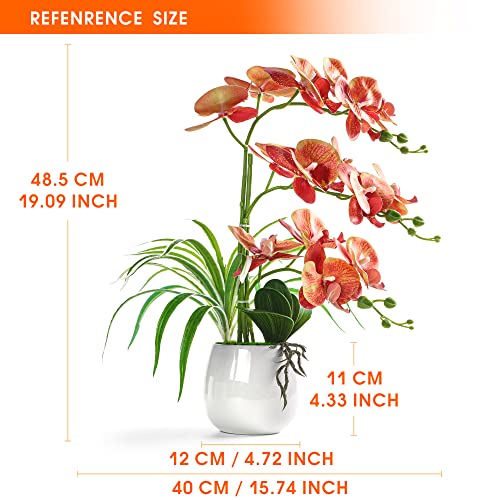 W&W Artificial Orchid Plants and Flowers with Vase, Fake Faux Orchid in Ceramic Pot,19”, Orange - color: Orange 01