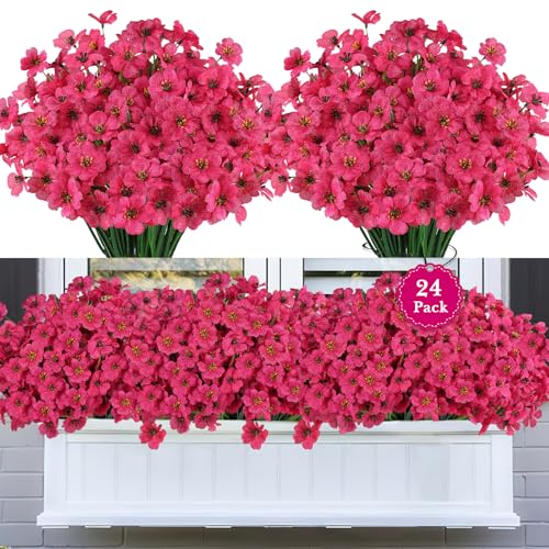 24 Bundles Artificial Flowers for Outdoors, Realistic Fake Silk Flowers for Outside Decoration, No Fade Faux Plants Outdoor Planter Window Box Porch Patio Decor(Rosy red) - color: Rosy Red, size: 24PCS
