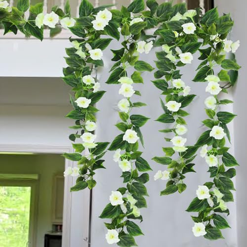 CISDUEO 2 Pcs Artificial Vines Silk Morning Glory Vines for Outdoor 15Feet Hanging Plants Garland White Fake Green Plant Morning Glories for Home Decor Wall Fence Stairway Wedding Hanging Baskets - color: White