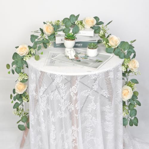 TOCHGREEN 2Pcs(13 Ft) Artificial Eucalyptus Flower Garland with Champagne Rose Flowers,Faux Rose Vine Gypsophila,Floral Greenery for Home Wedding Table Decor (Champagne, 2PCS) - color: Champagne, size: 2PCS