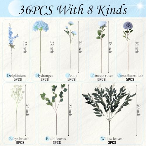 Suncalla 36 Pcs Blue Artificial Flowers Bouquet Set 8 Kind Faux Delphinium Rose Peony Chrysanthemum Hydrangea Baby's Breath Florals with Greenery Long Stem for Wedding Table Vase Decor - color: Blue