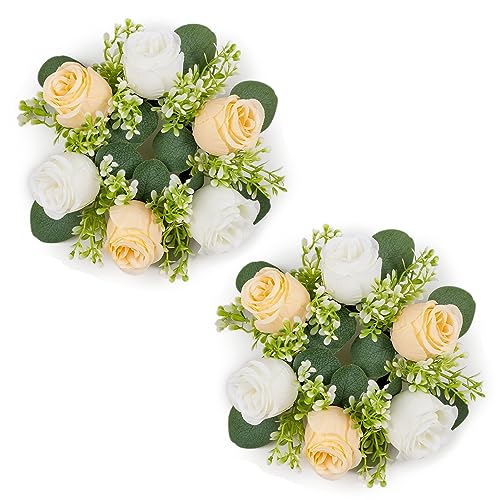 NUPTIO Small Flower Rings for Centerpieces: 9.05 Inch Champagne & White Candle Wreath for Wedding Party Christmas Table Decorations - Spring Summer Front Door Porch Decor 2 Pcs - color: Champagne & White, size: Dia 9.05"-2pcs