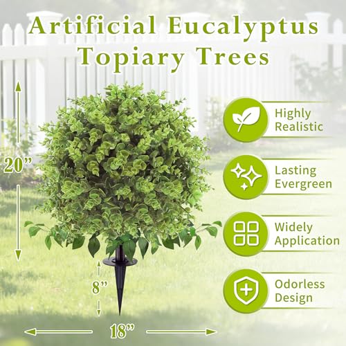 Artificial Topiary Tree with Eucalyptus, Set of 4 UV Resistant Fake Evergreen Shrubs with Ground Spike for Porch, Artificial Plants for Outdoor Indoor Garden Planters, Lifelike Decor - color: Green
