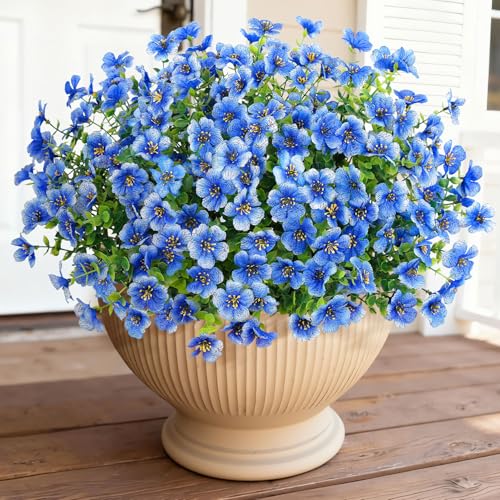 Bassion Artificial Flowers for Outdoors, 16 Bundles UV Resistant Fake Flowers Realistic Silk Faux Plants for Outdoor Planter Window Box Porch Patio Garden Home Outside Decorations - color: Blue