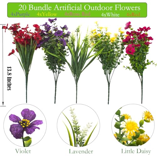 Grunyia 20 Bundles Artificial Flowers Outdoor No Fade UV Resistant Fake Plastic Flowers Faux Plants for Garden Patio Porch Window Box Home Wedding Farmhouse Hanging Décor - color: Mix