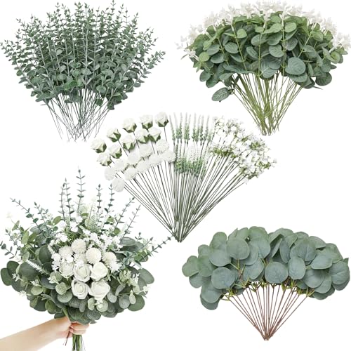Serwalin 200 Pcs 7 Kinds Mixed Artificial Eucalyptus Leaves Stems Bulk Faux Silver Dollar Eucalyptus Leaves Real Touch Greenery Branches for Wedding Floral Arrangement Table Centerpieces Home Decor - color: Green-200pcs
