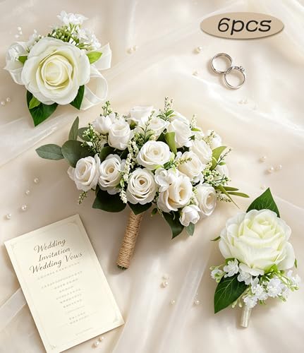 Ivory Bridesmaid Bouquets with Corsages & Boutonnieres for Wedding | 8.5In 6Pcs Artificial Roses Bridal Bouquet with 6 Corsages & 6 Boutonnieres for Wedding, Decoration, Ceremony, Anniversary - color: 6pcs Ivory Bride Bouquets With 6pcs Corsage & 6pcs Bou
