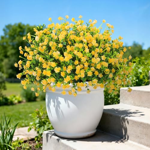 20 Bundles Artificial Flowers for Outdoors Fake Plastic Flowers UV Resistant Realistic Faux Plants Shrubs for Spring Summer Garden Porch Yard Patio Planter Window Box Home Decor, Yellow - color: Yellow