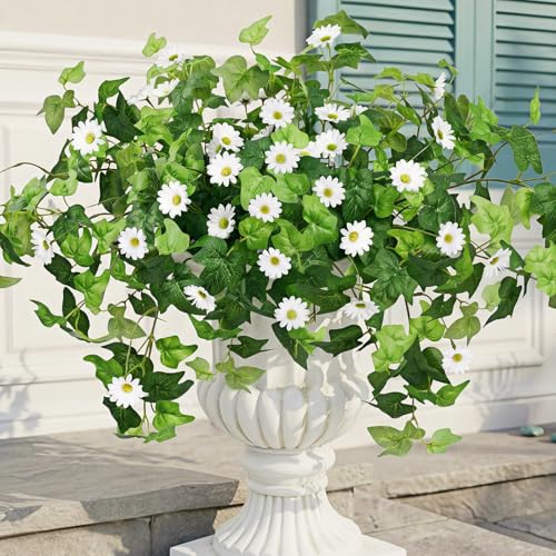 Krissing 3 Pcs Artificial Flowers for Outdoors UV Resistant, Fake Greenery Plants with Daisy Flowers for Outside Planters Porch Window Box Home Decor (White) - color: White, size: 3