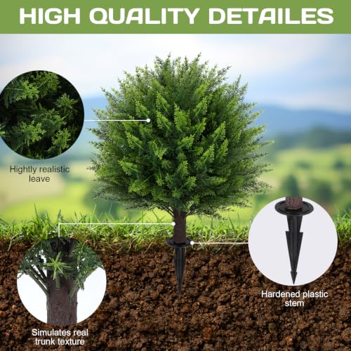 Artificial Cedar Topiary Ball Tree 23" with Ground Spike, Set of 2 Artificial Boxwood Bushes for Faux Shrubs, Fake Evergreen Faux Plant for Indoor Outdoor Porch Garden- UV Resistant – Fade-Proof - color: Cedar