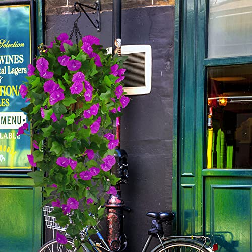 Artificial Fake Hanging Flowers Plants Basket for Spring Outdoor Outside Decoration, UV Resistant Faux Plastic Fabric Flower Morning Glory Wisteria Petunia for Garden Porch Patio Balcony Yard Decor - color: Purple