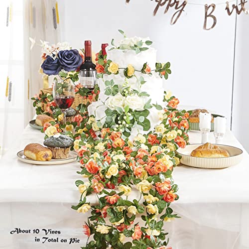 PONKING 8 Pcs x 8.2 ft Flower Garland Artificial Rose Vine Flowers with Green Leaves Hanging Fake Roses Vine for Room Party Home Wedding Birthday Christmas Wall Arch Decor, Champagne Flower - color: Spring-champagne-8pcs, size: 8 Vines 66FT
