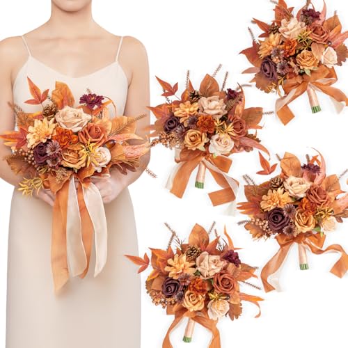 TINGE TIME 7 Inch Wedding Bouquets for Bridesmaid, Set of 4, Artificial Flowers Cascading Bridal Bouquet for Fall Wedding Ceremony Anniversary Bridal Shower and Rustic Vintage Wedding (Maple Red) - color: Maple Red