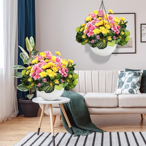 Set of 2 Artificial Flowers with Hanging Baskets, Pre-Assembled Silk Fake Flower Large Look Real UV Resistant for Outdoor Indoor Balcony Garden Porch Yard Home Decor, Yellow Pink - color: Yellow Pink