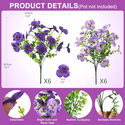 INQCMY Fake Artificial Pansy Flowers for Outdoor, Faux Silk Pansies Flower 12 Pcs Spring Summer Decoration, UV Resistant Fake Plants for Outside Planter Porch Yard Patio Home Decor(Double Purple) - color: Double Purple