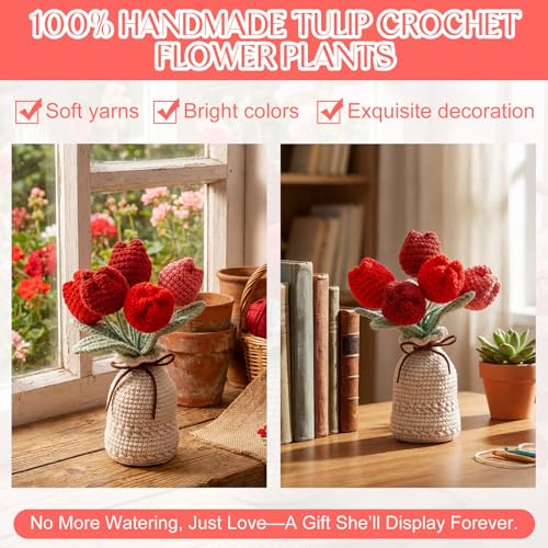 Marsui Crochet Knitting Tulip Bouquet with Vase 7" Knitted Artificial Forever Tulip Handmade Woven Flower with Exquisite Pot Gift for Father's Gifts Back to School Gift Family Home Desk Decor(Red) - color: Red, style: Tulip