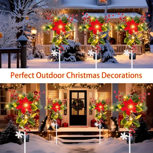 4 Pack Solar Christmas Decorations Outdoor, 32 Inch Solar Christmas Cross Stake Lights, Waterproof Grave Decorations with Poinsettia Flower Pinecones Red Berries for Garden Yard Patio Lawn Cemetery - color: Warm White, size: 4 Pack