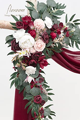 Floroom Arch Flowers with Drapes Kit (Pack of 4) - 2pcs Artificial Burgundy Floral Swag Arrangement with 2pcs Draping Fabric for Wedding Ceremony Arbor and Reception Backdrop Decoration - color: Burgundy & Blush