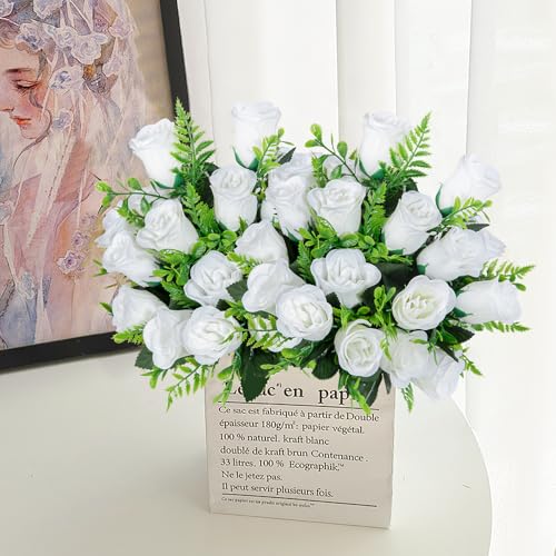 XONOR Artificial Rose Flowers - 4Bouquets Realistic Fake Silk Roses for Wedding Party Home Centerpieces Office DIY Cemetery Grave Decoration (Pack of 4, White) - color: White