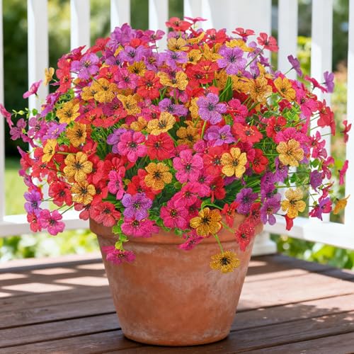 Ammyoo 16 Bundles Artificial Flowers for Outdoor Decoration, Fake Flowers No Fade UV Resistant Faux Silk Flower Plants for Outside Planters Garden Yard Porch Patio Balcony Indoor Decor(Mix) - color: 5 Colors（red, Purple, Yellow, Rose Red, Fuchsia)
