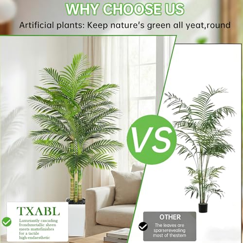 Artificial Golden Cane Palm Tree 7FT, Fake Palm Tree with Three Realistic Trunks and Lifelike Palm Leaves, Faux Palm Plant for Indoor Home Décor with White Planter - color: White, size: 7FT