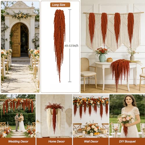5Pcs Dried Amaranthus Hanging Flowers, 53" Neon Green Preserved Natural Wisteria for Wedding Arch, Table Centerpiece, Wall Hanging Lover Tears, Floral Arrangement (Red) - color: Red
