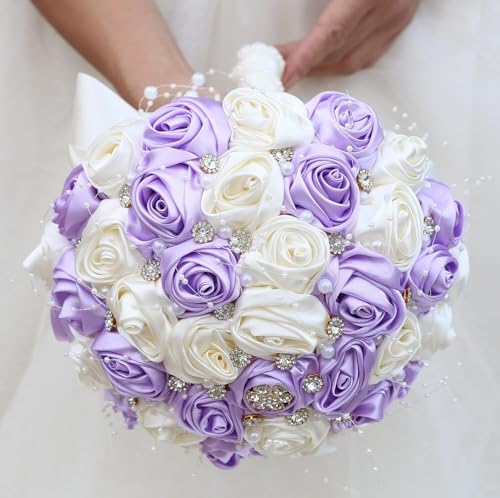 Ujicde Romantic Wedding Bouquet Bridal Bridesmaid Round Bling Brooch Bouquet Throw Toss Artificial Rose Flower Bunch with Sparkle Rhinestone Crystal Decoration(Purple+Ivory,Dia. 6.3"*16cm) - color: Purple+ivory, size: Dia. 6.3"*16cm