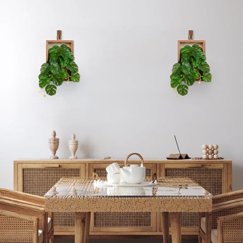 DILATATA Artificial Hanging Plants with Wooden Frame 2 Pack Faux Monstera Leaves Hanging Vine Greenery Plants for Living Room Bedroom Farmhouse Office Home Decor