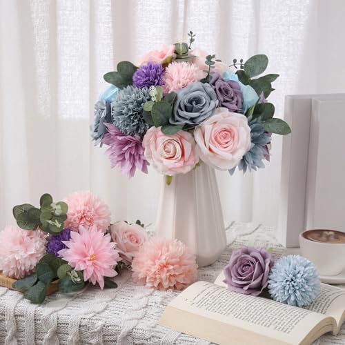 Suncalla 98 Pcs Artificial Flowers Bouquet Assorted Faux Flowers Heads with Stem Eucalyptus Leaves Silk Floral Table Centerpiece for DIY Wedding Party Wreath Home Decor(Blue, Purple, Pink Color) - color: Blue, Purple, Pink Color
