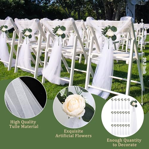 20 Sets Wedding Aisle Decorations, 39.4 Inches Artificial Silk Rose Flowers with Long Tulle Tails for Church Pew Chair Bench, Ceremony Reception Party Bridal Shower Arrangements - Champagne - color: Champagne