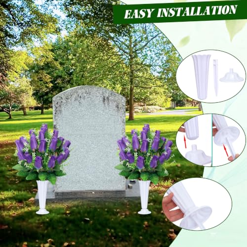 Artificial Cemetery Flowers for Grave,2Pack Memorial Roses Bouquets with Vase for Grave Tombstone Decorations (Purple) - color: Purple