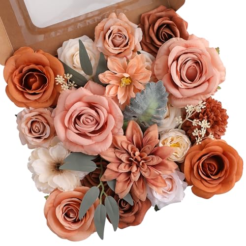 Floweroyal Artificial Flowers Fake Rose Flowers Dahlia with Stems for DIY Wedding Bridal Bouquets, Baby Shower, Floral Arrangement, Table Centerpieces, Home Decorations - color: Nude Color & Pale Coffee