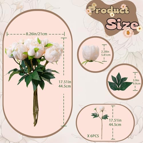 ucky 6PCS Champagne Peonies Artificial Flowers, Realistic 2 Heads Silk Peonies with Stems & Buds, 17.51" Faux Peony Bouquets for Wedding Centerpieces DIY Home Table Vase Decor - color: Champagne