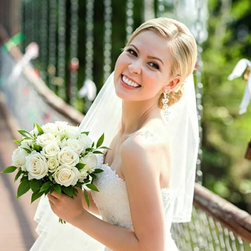 Rose Artificial Flowers Velvet Bouquet with Long Stem Real Touch Fake Roses Florals for Bridal Wedding Bouquet Party Arrangement Centerpiece Decorations (36, White) - color: White