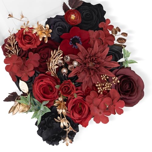 TINGE TIME Rose Artificial Flowers Combo, Fake Foam Roses with Stems for DIY Wedding Bridal Shower Decorations Party Table Centerpieces Fake Floral Arrangement Home Decor(Gothic Black and Red) - color: Gothic Black and Red