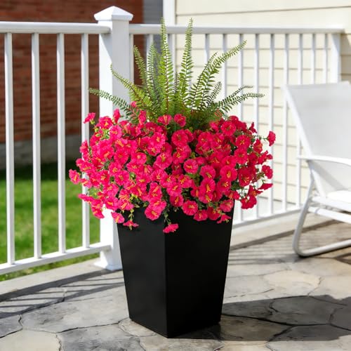 Hrobek Artificial Flowers for Outdoors Faux Plants Outside Indoor,UV Resistant Silk Fake Petunia Ferns for Home Patio Garden Back Yard Front Porch Decor(13 Bunches,Hot Pink) - color: 2 Color Mixed (12 Hot Pink,1 Tall Fern)