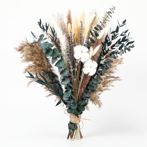 Natural Dried Flower Bouquet – Pampas Grass, Cotton Stems, Bunny Tails Grass, Eucalyptus and Lavender for Western Boho Decor – Rustic Flowers for Your Bohemian Home, Bedroom, and Wedding Table Décor - size: Natural