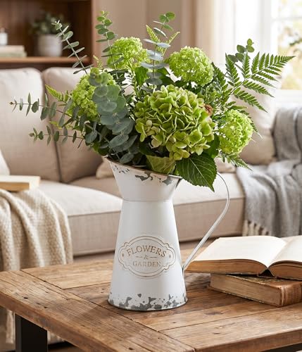 Yoillione White Metal Flower Vase, Vintage Farmhouse Decorative Jug Pitcher, French Rustic for Tabletop Home Kitchen Decor - color: White Jug, size: Small