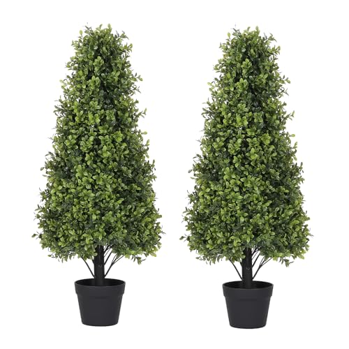 3ft Artificial Boxwood Topiary Trees (Set of 2) - UV Resistant Faux Plants Outdoor, Realistic 36" Fake Cone Bushes and Shrubs for Front Porch, Planter, Patio - Low Maintenance & Evergreen - color: Boxwood Light Green, size: 36in