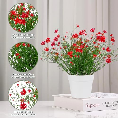 Artificial Babys Breath Potted Fake Plants with Flowers Faux Plants Indoor for Home Office Bookshelf Table Room Decor (Red) - color: Red
